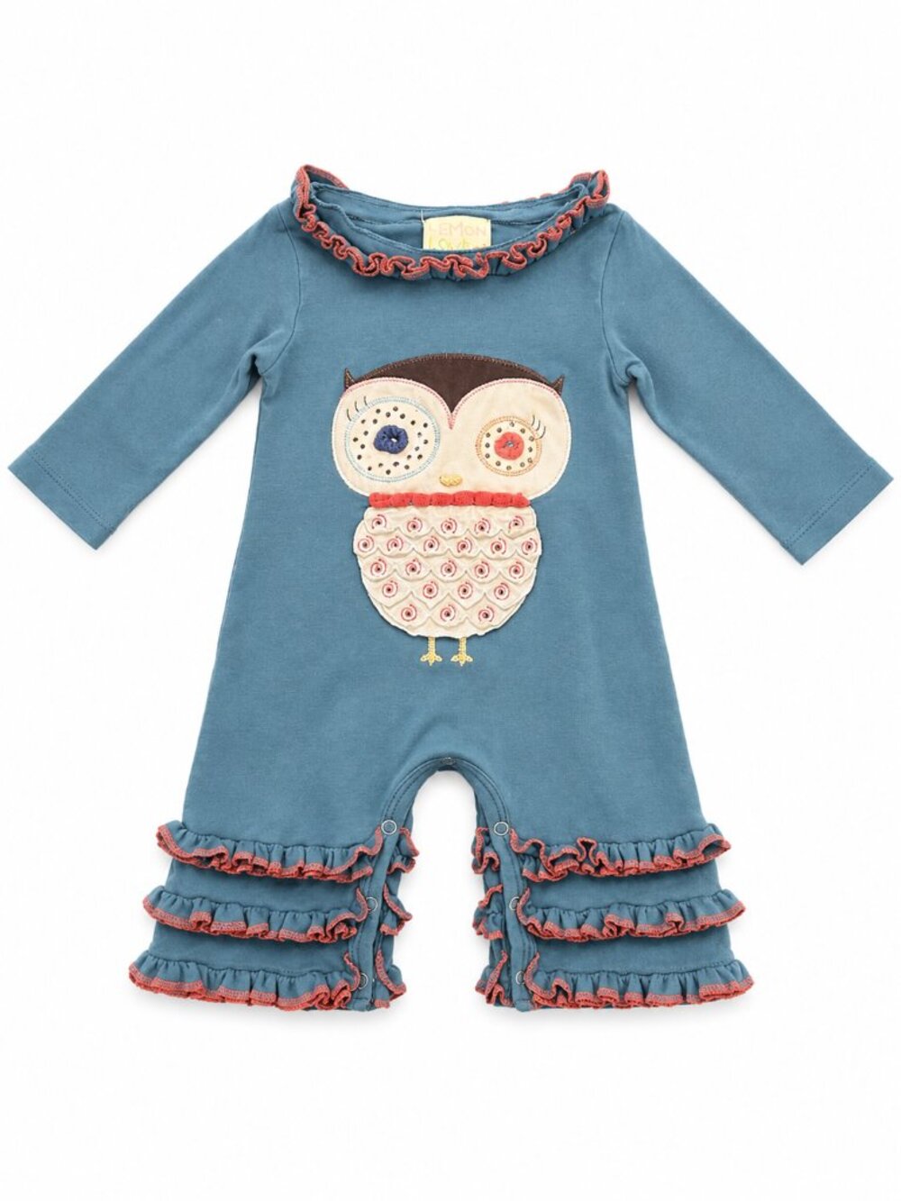 Lemon Loves Lime Owl Ruffle Romper 3-6 Months Peruvian Pima Cotton EUC